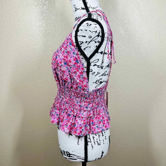 Sim and Sam pink top strap V neckline smocked floral blouse size XL boho baddie - Picture 10 of 12